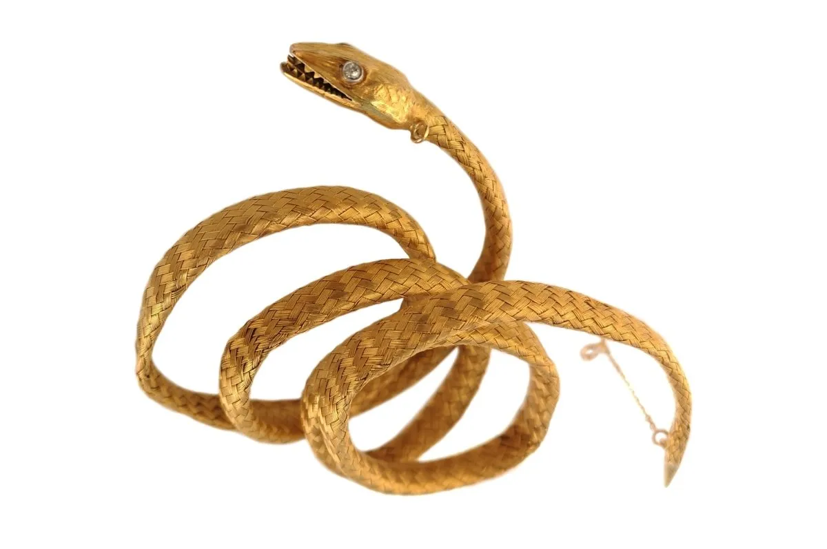 Antique Etruscan Revival Victorian French 22k Gold Coiled Woven Snake Bracelet