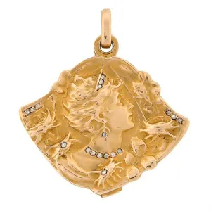 Art Nouveau French 18k Diamond Repousse Slide Locket