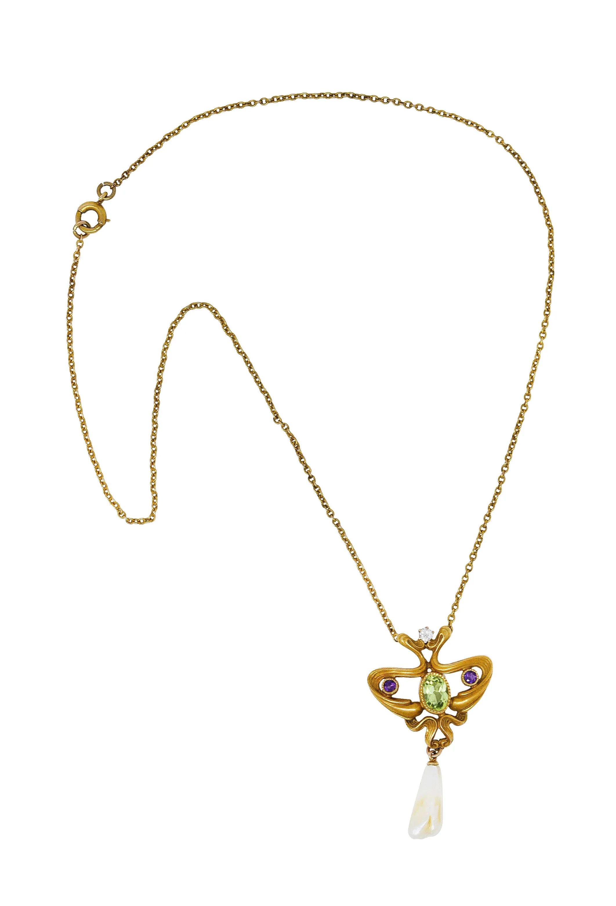 Art Nouveau Suffragette Diamond Amethyst Peridot Pearl 14 Karat Gold Whiplash Necklace