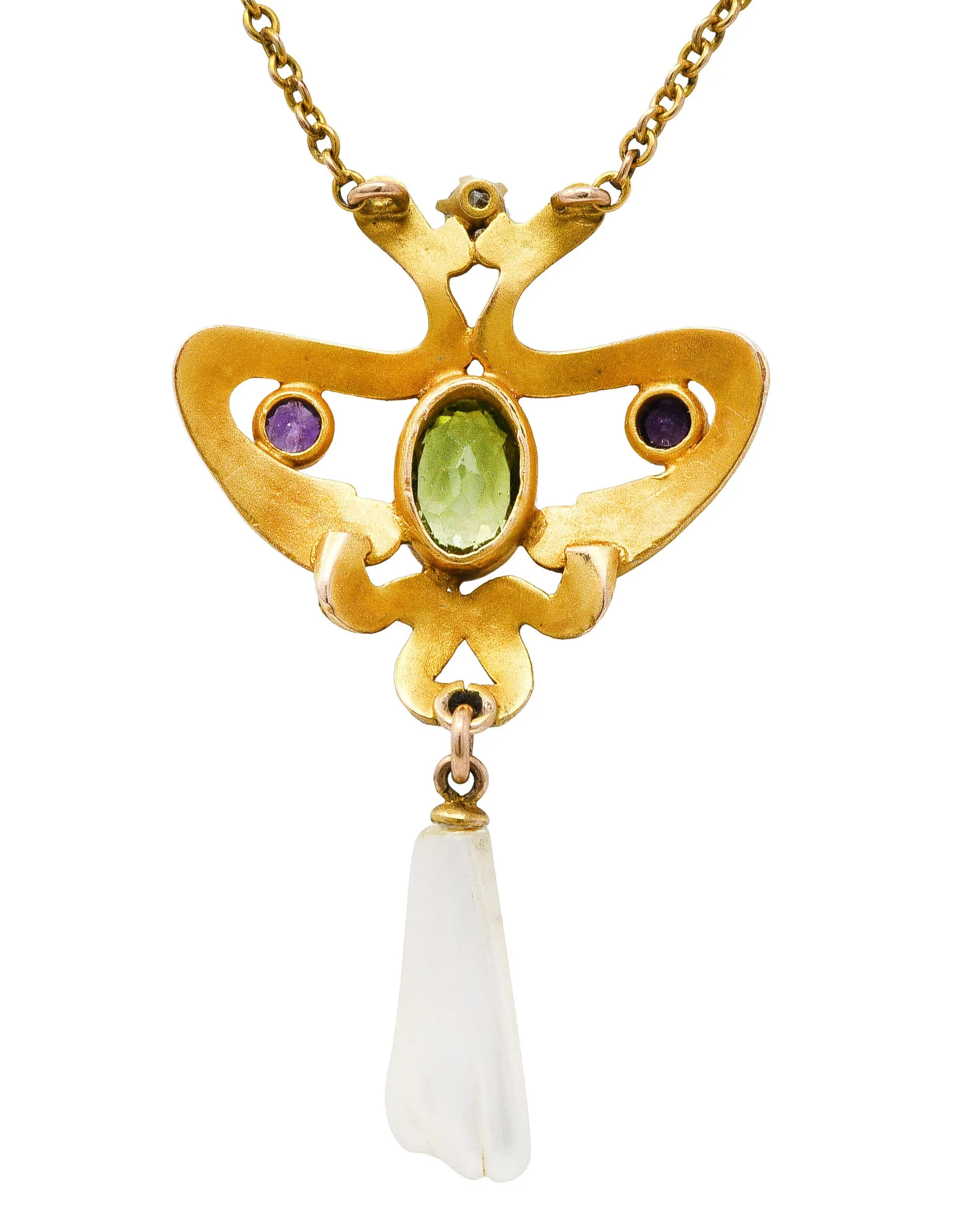 Art Nouveau Suffragette Diamond Amethyst Peridot Pearl 14 Karat Gold Whiplash Necklace