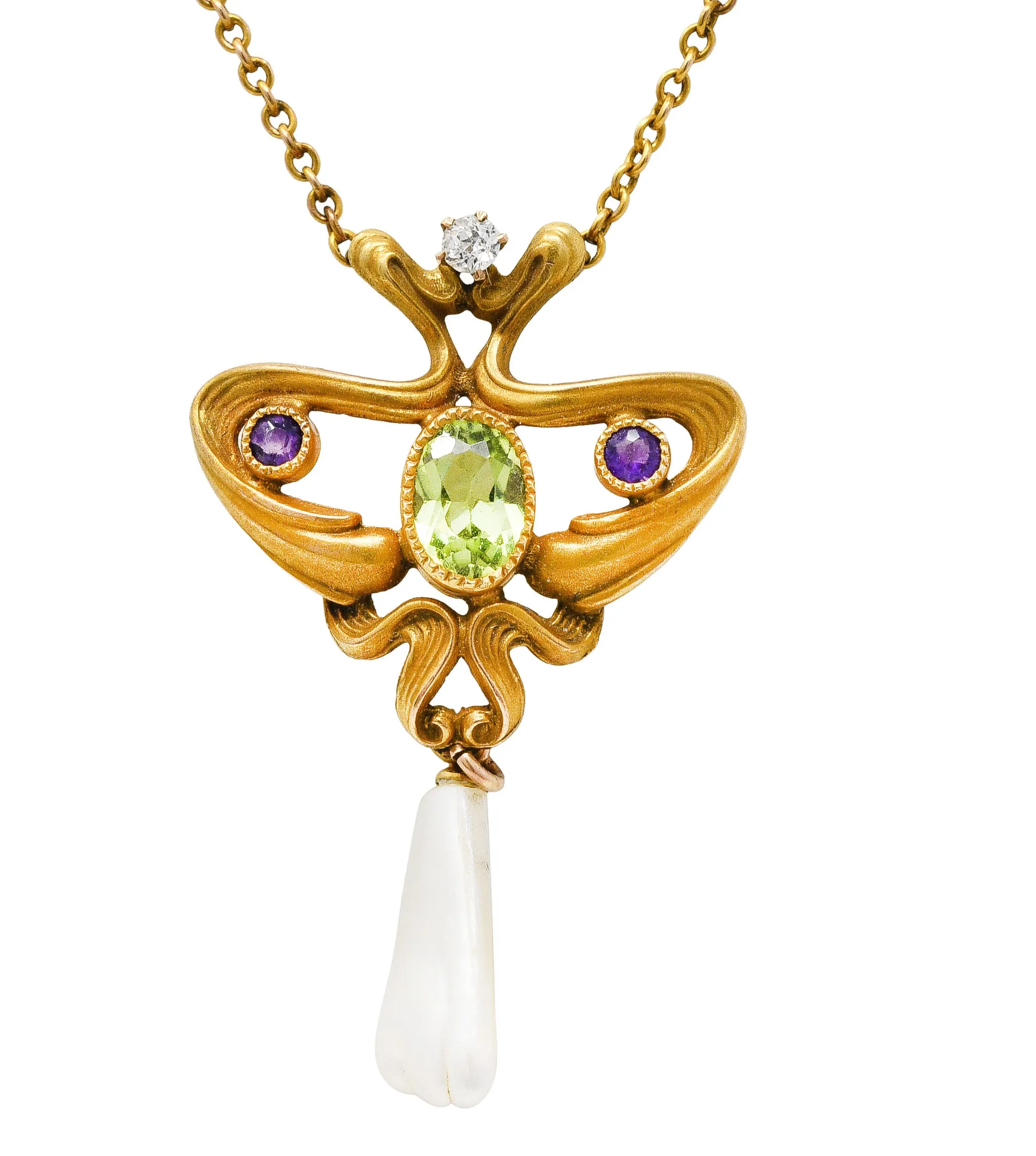 Art Nouveau Suffragette Diamond Amethyst Peridot Pearl 14 Karat Gold Whiplash Necklace