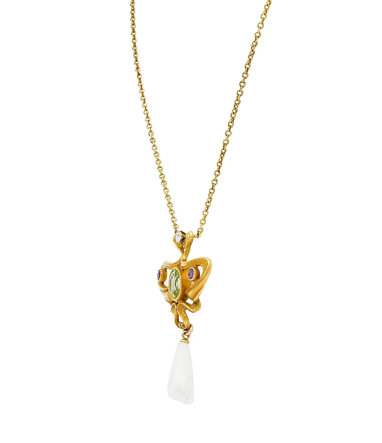 Art Nouveau Suffragette Diamond Amethyst Peridot Pearl 14 Karat Gold Whiplash Necklace