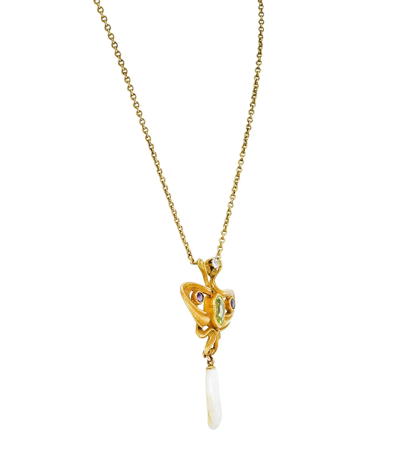 Art Nouveau Suffragette Diamond Amethyst Peridot Pearl 14 Karat Gold Whiplash Necklace