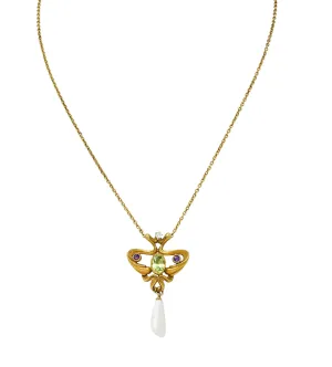 Art Nouveau Suffragette Diamond Amethyst Peridot Pearl 14 Karat Gold Whiplash Necklace