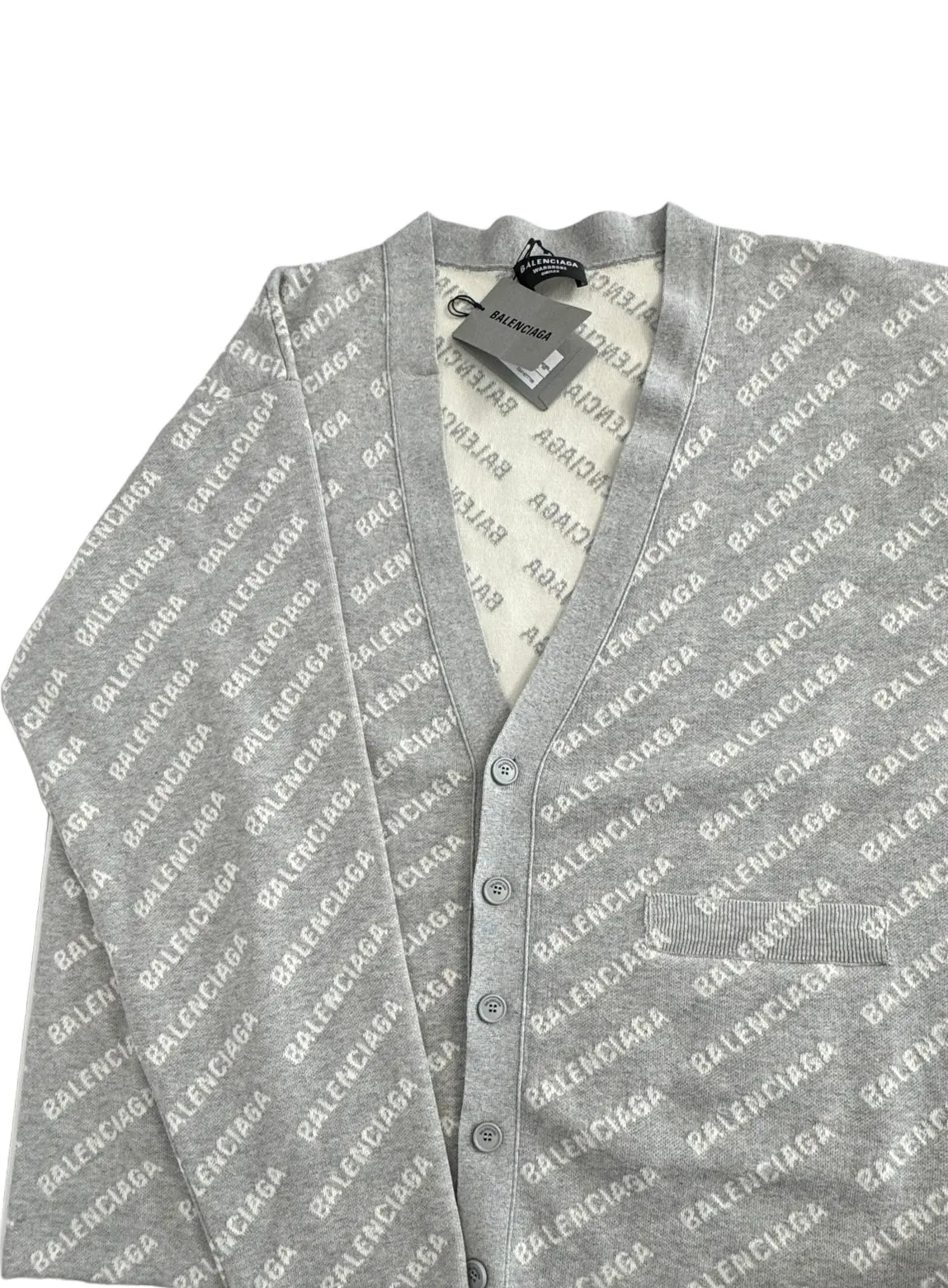 Balenciaga All-over Logo V- Neck Cardigan Grey, Off-White- Unisex Oversized Fit