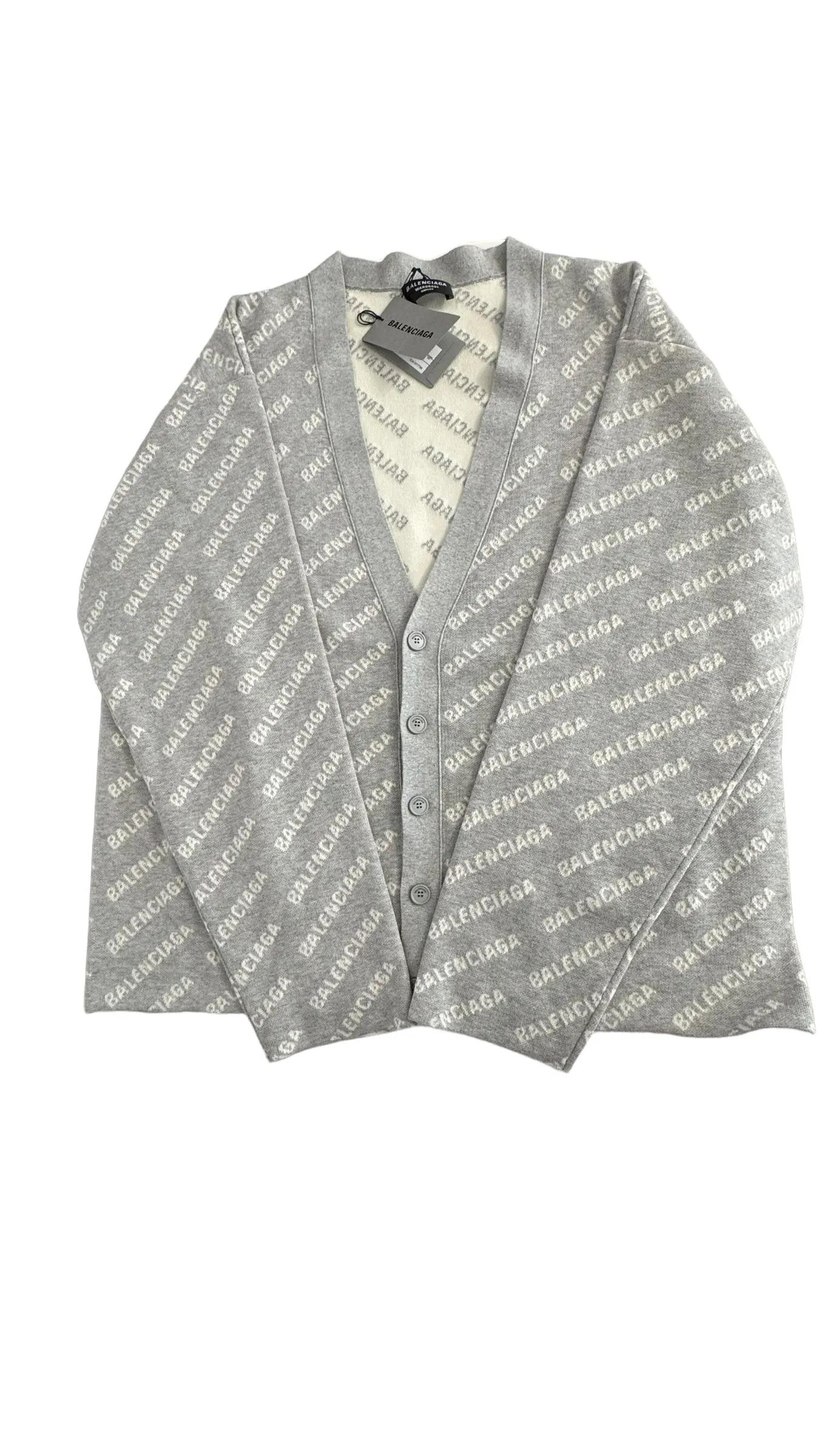 Balenciaga All-over Logo V- Neck Cardigan Grey, Off-White- Unisex Oversized Fit