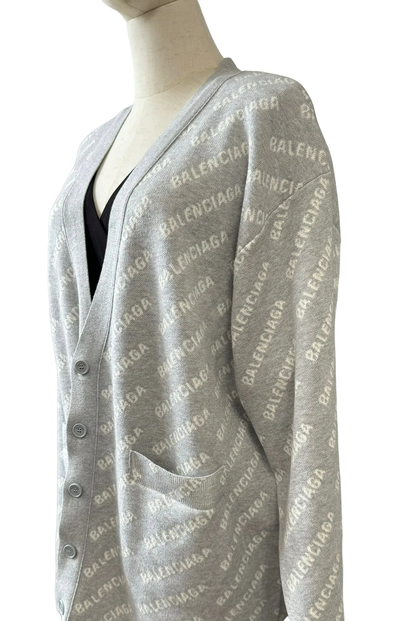 Balenciaga All-over Logo V- Neck Cardigan Grey, Off-White- Unisex Oversized Fit