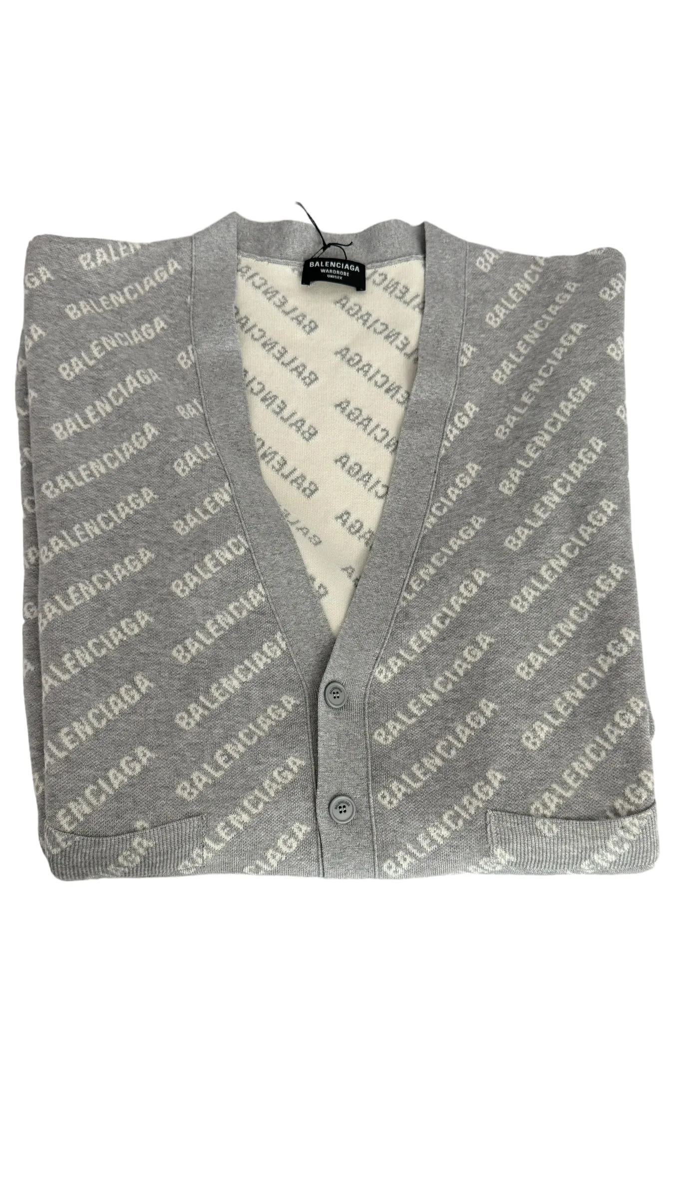 Balenciaga All-over Logo V- Neck Cardigan Grey, Off-White- Unisex Oversized Fit