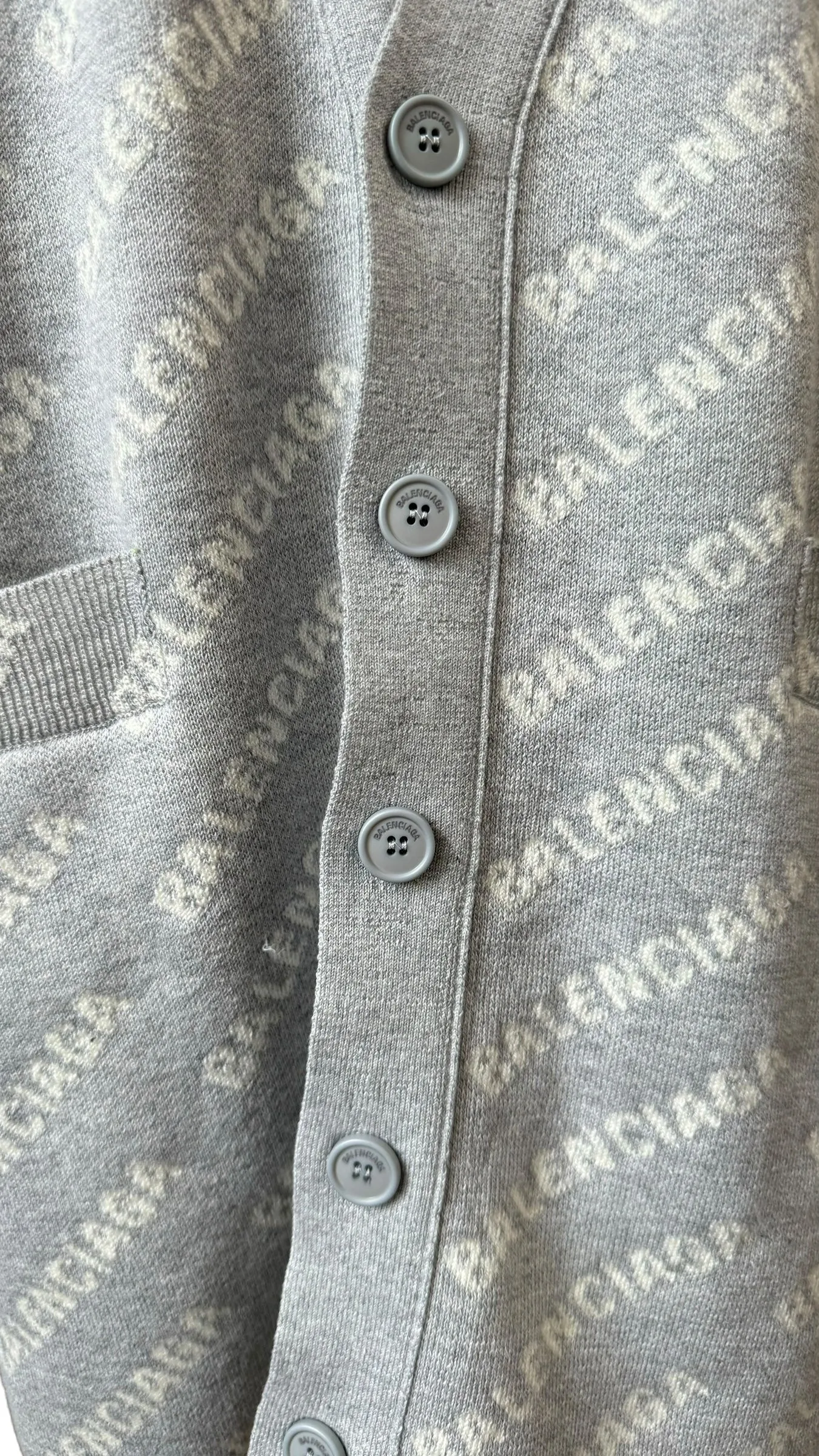 Balenciaga All-over Logo V- Neck Cardigan Grey, Off-White- Unisex Oversized Fit
