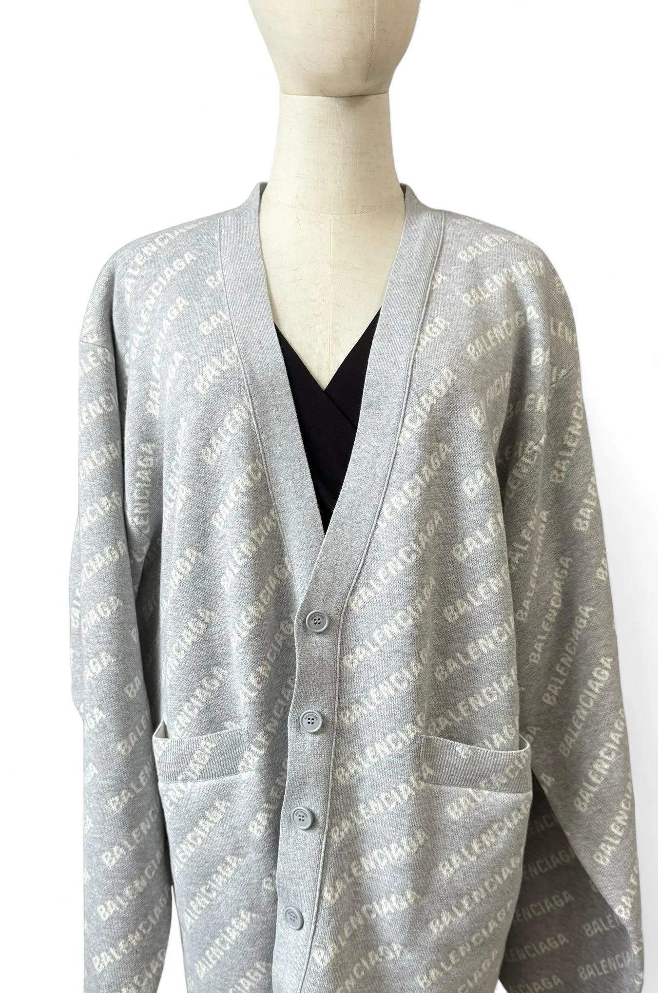 Balenciaga All-over Logo V- Neck Cardigan Grey, Off-White- Unisex Oversized Fit