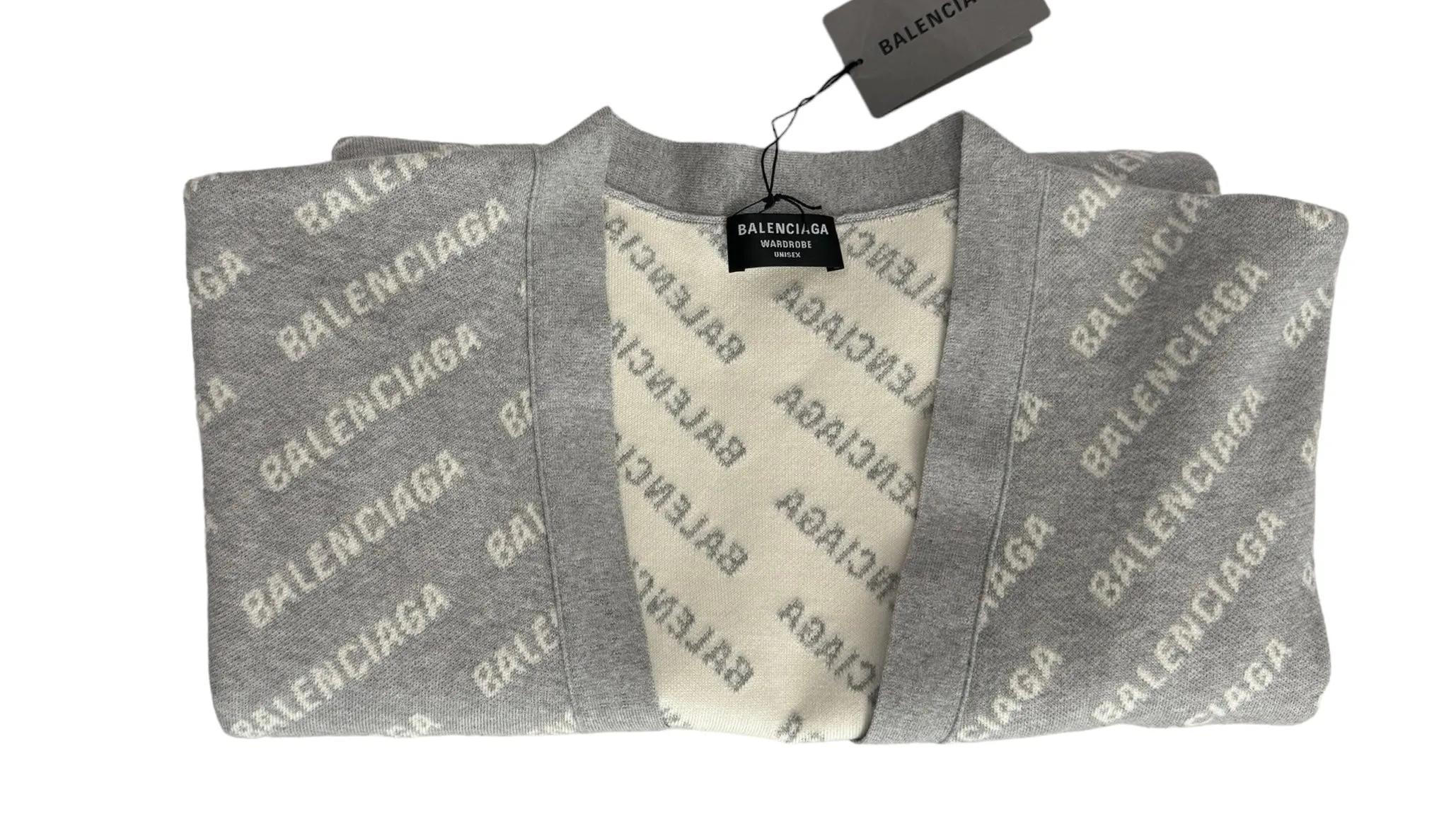 Balenciaga All-over Logo V- Neck Cardigan Grey, Off-White- Unisex Oversized Fit