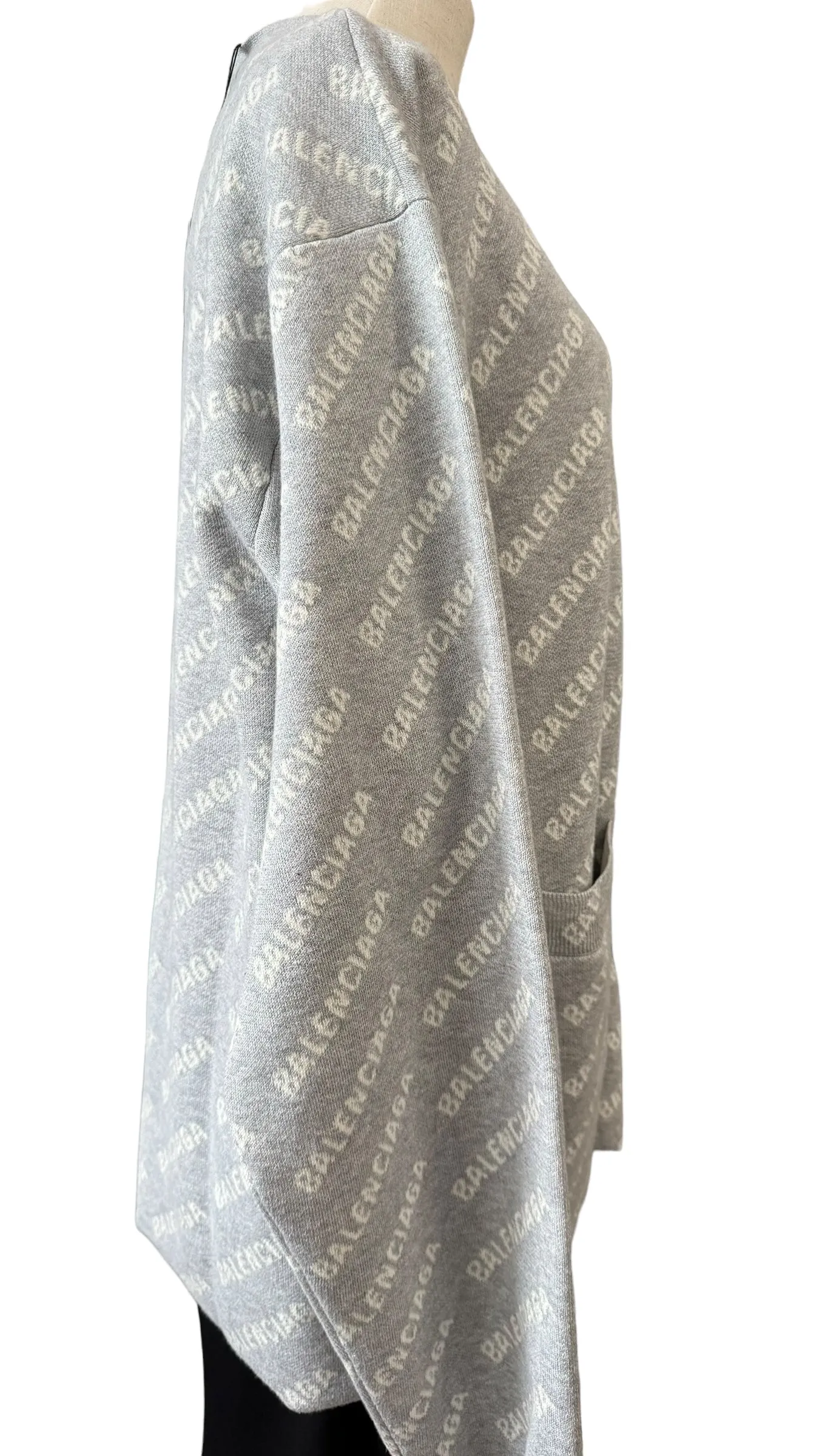 Balenciaga All-over Logo V- Neck Cardigan Grey, Off-White- Unisex Oversized Fit