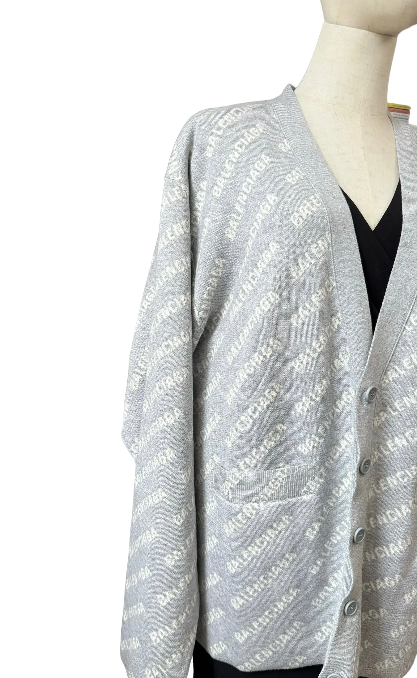 Balenciaga All-over Logo V- Neck Cardigan Grey, Off-White- Unisex Oversized Fit