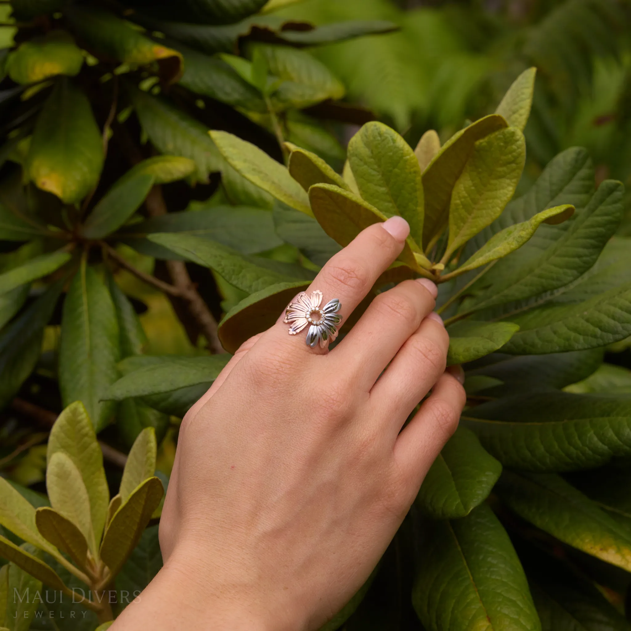 Beach & Mountain Naupaka Ring in Tri Color Gold with Diamonds