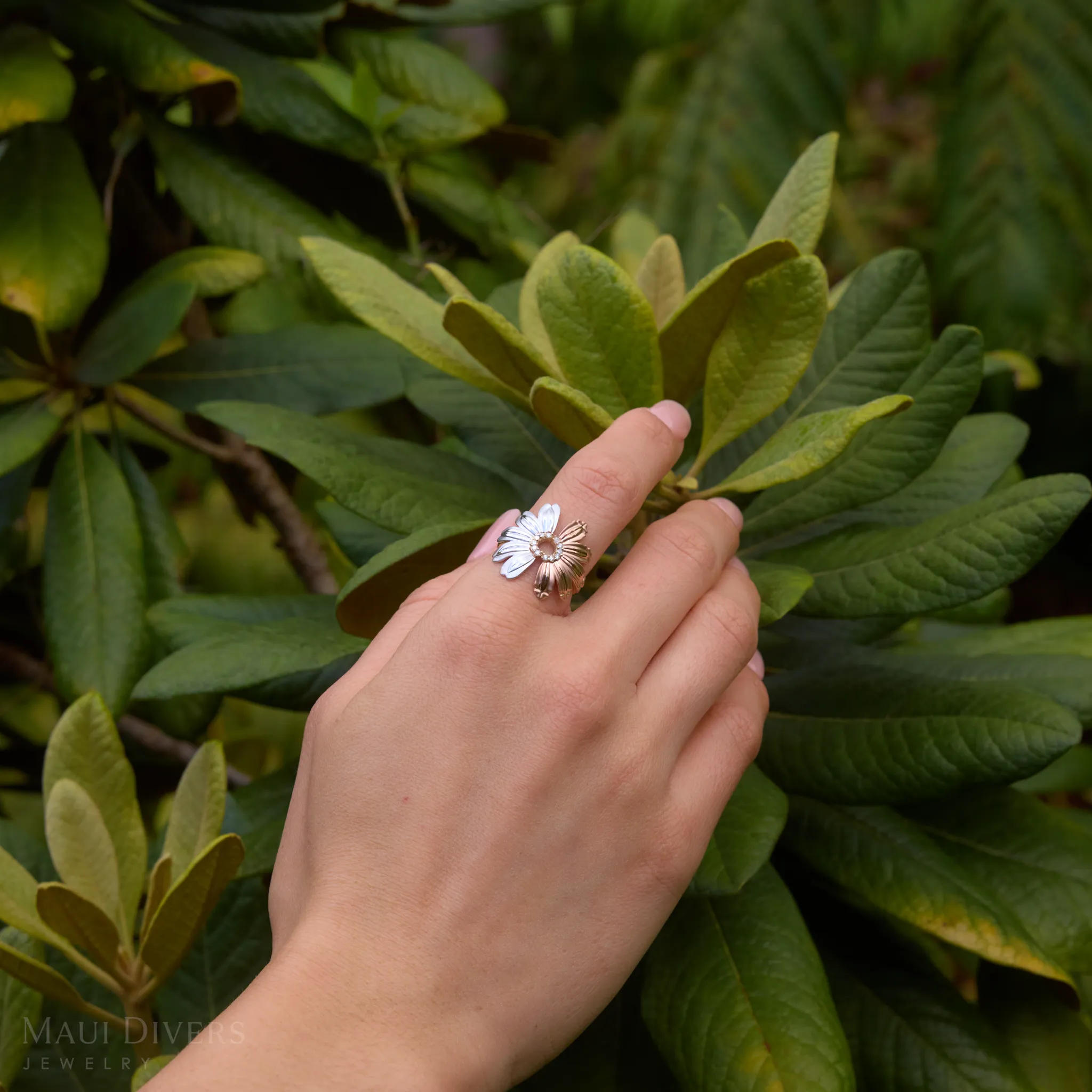 Beach & Mountain Naupaka Ring in Tri Color Gold with Diamonds