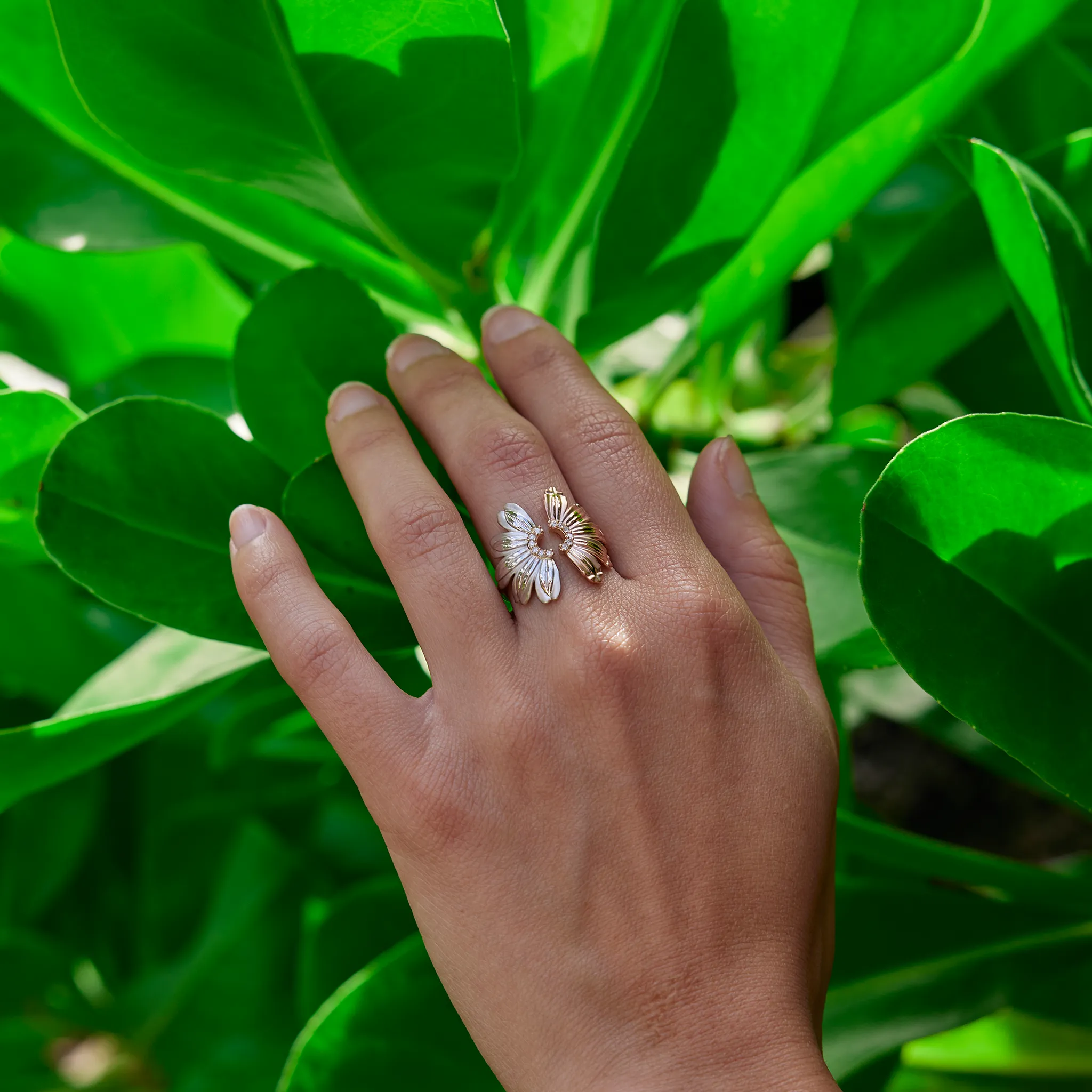 Beach & Mountain Naupaka Ring in Tri Color Gold with Diamonds
