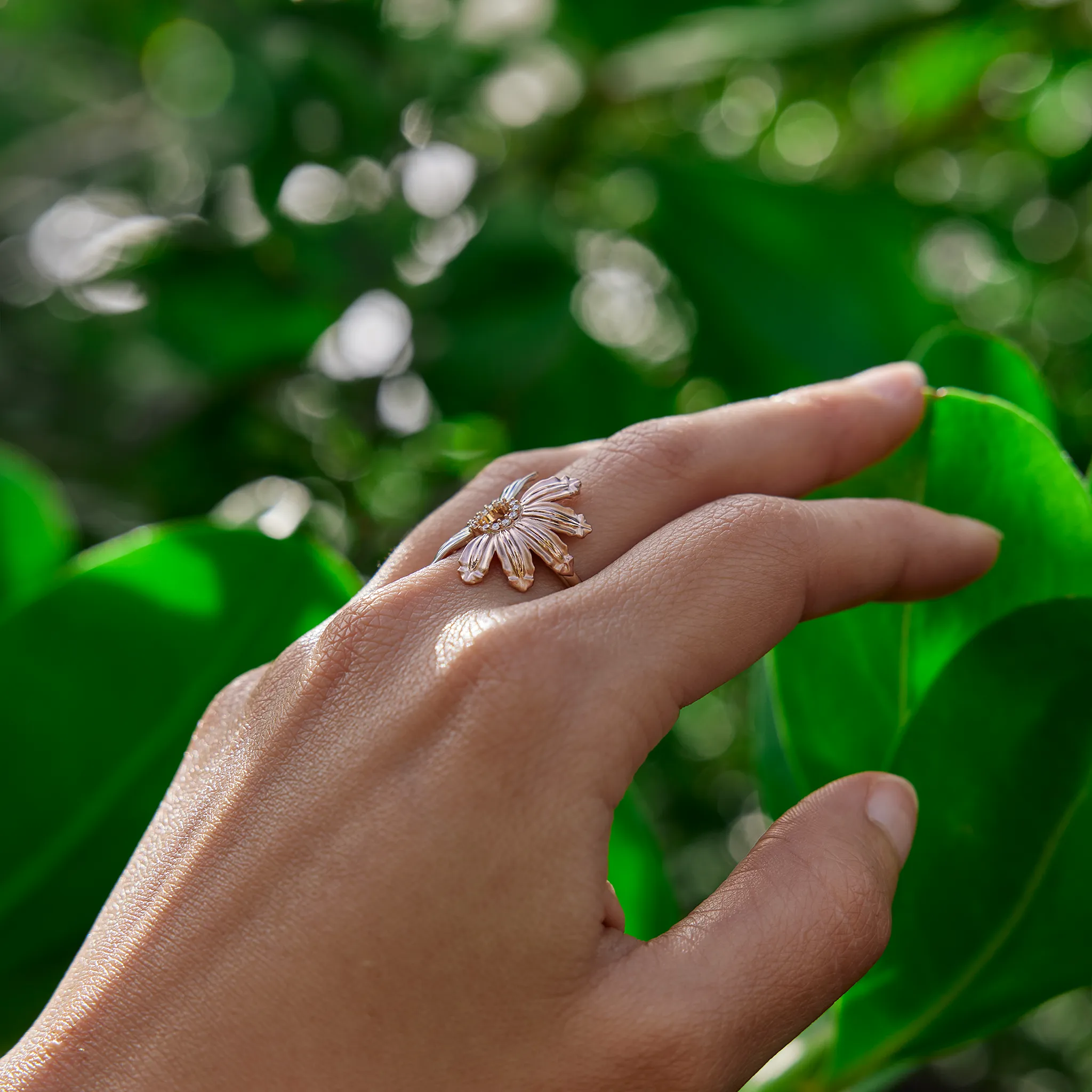 Beach & Mountain Naupaka Ring in Tri Color Gold with Diamonds