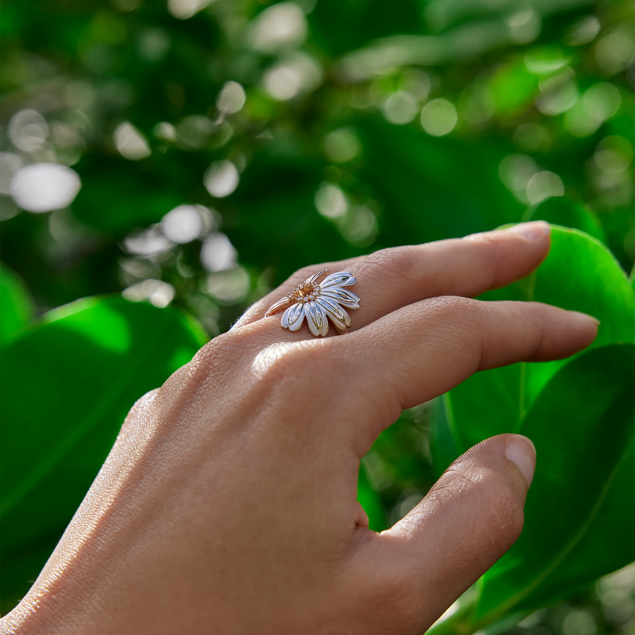 Beach & Mountain Naupaka Ring in Tri Color Gold with Diamonds