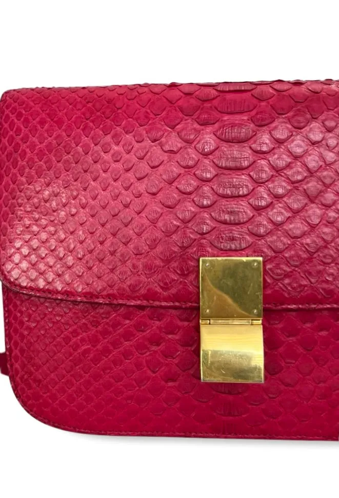 Celine Box Bag Classique Rasberry Red Exotic Leather, Gold Hardware
