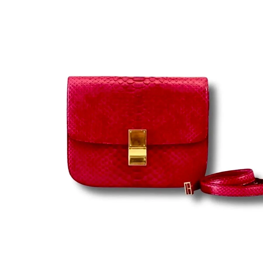 Celine Box Bag Classique Rasberry Red Exotic Leather, Gold Hardware