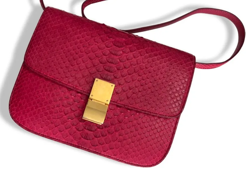 Celine Box Bag Classique Rasberry Red Exotic Leather, Gold Hardware