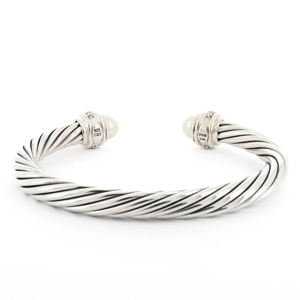 David Yurman | Classic Cable Cuff Bracelet, Pearl, 7mm, Size L - 925 Sterling Silver