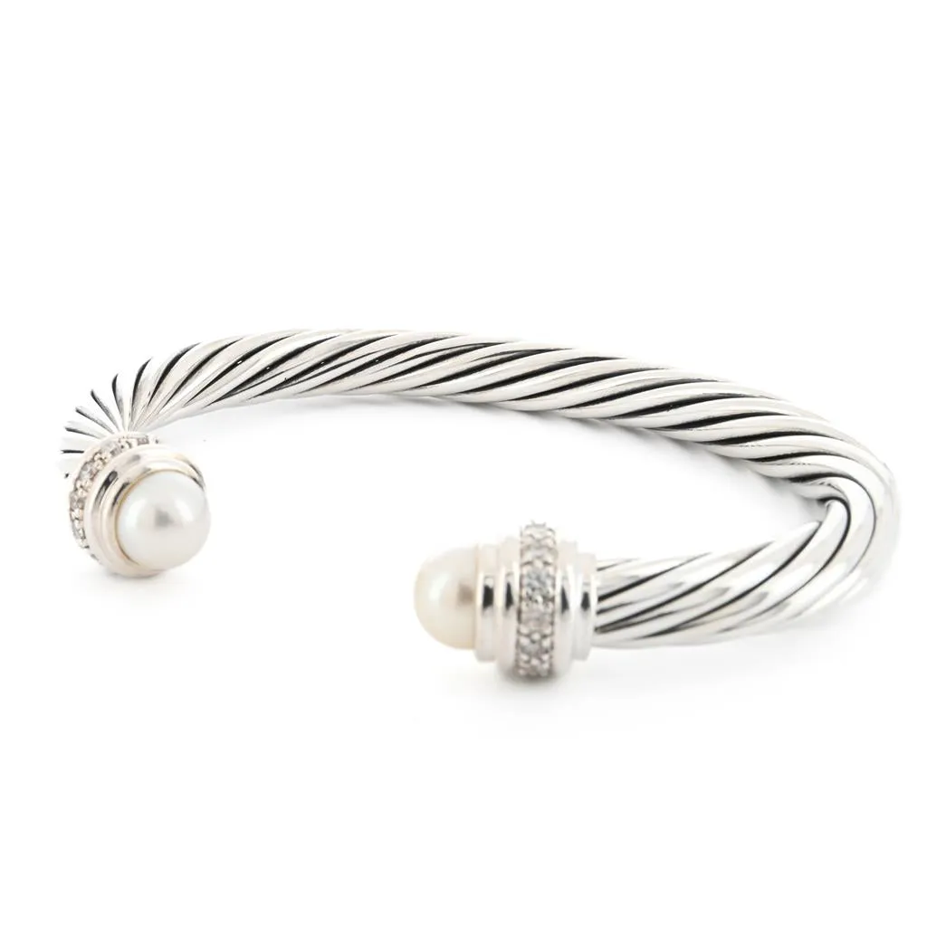 David Yurman | Classic Cable Cuff Bracelet, Pearl, 7mm, Size L - 925 Sterling Silver