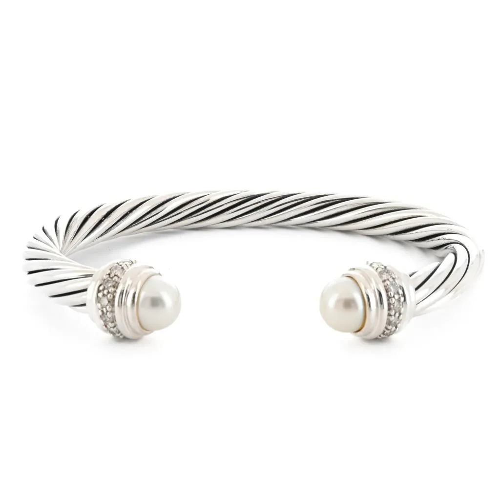 David Yurman | Classic Cable Cuff Bracelet, Pearl, 7mm, Size L - 925 Sterling Silver