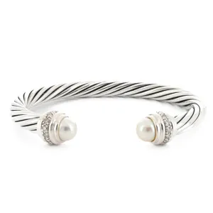 David Yurman | Classic Cable Cuff Bracelet, Pearl, 7mm, Size L - 925 Sterling Silver