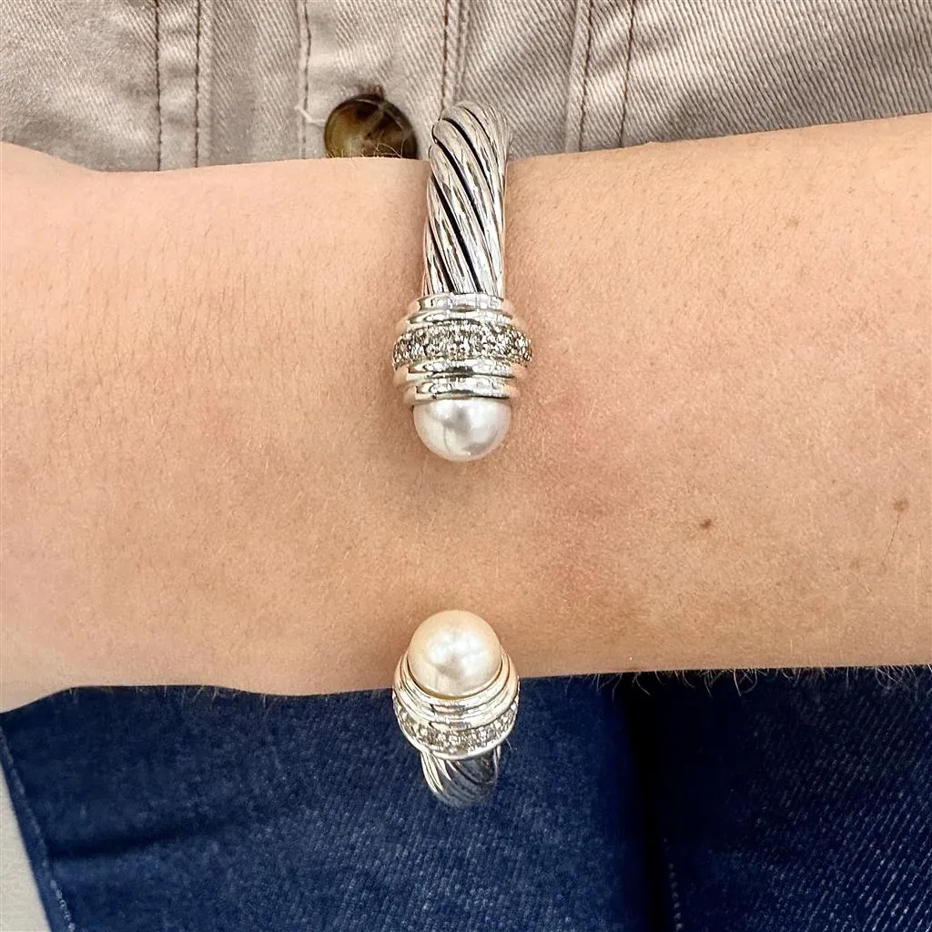 David Yurman | Classic Cable Cuff Bracelet, Pearl, 7mm, Size L - 925 Sterling Silver