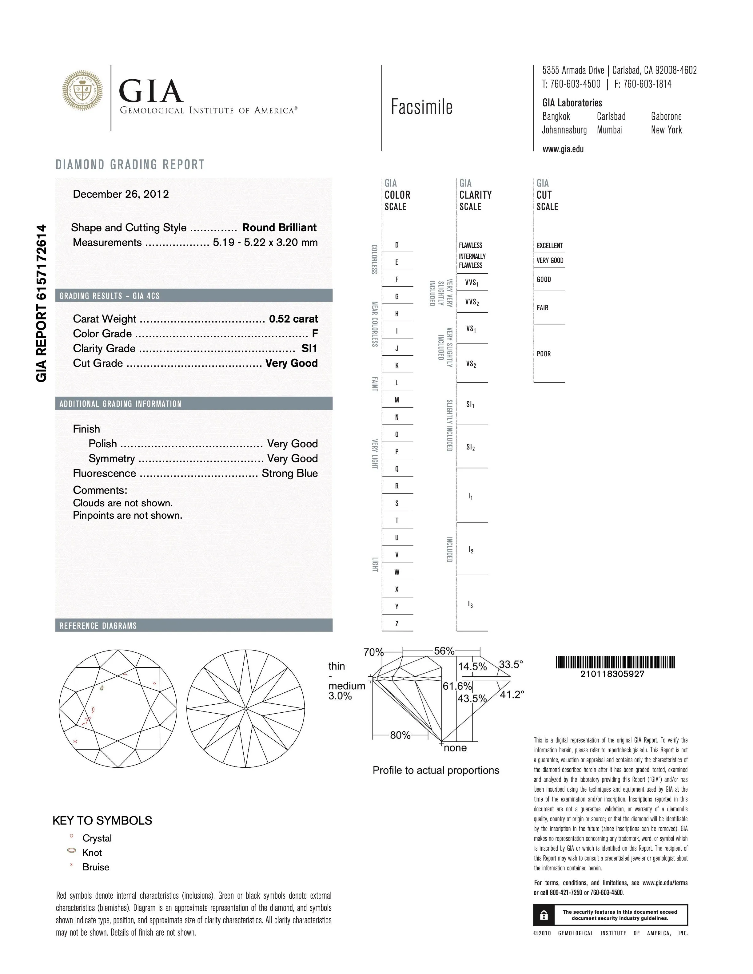 Diamond Ring, 0.52 Carat F/SI-1, in 18K White Gold