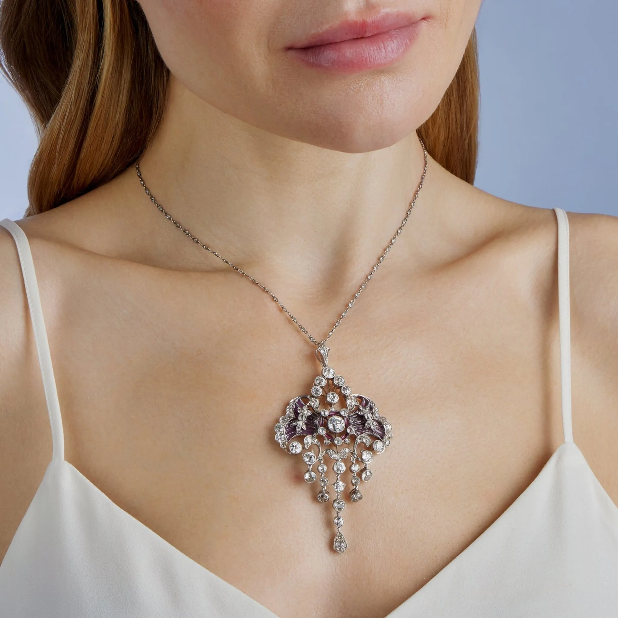 Edwardian Platinum Diamond & Plique--jour Enamel Necklace