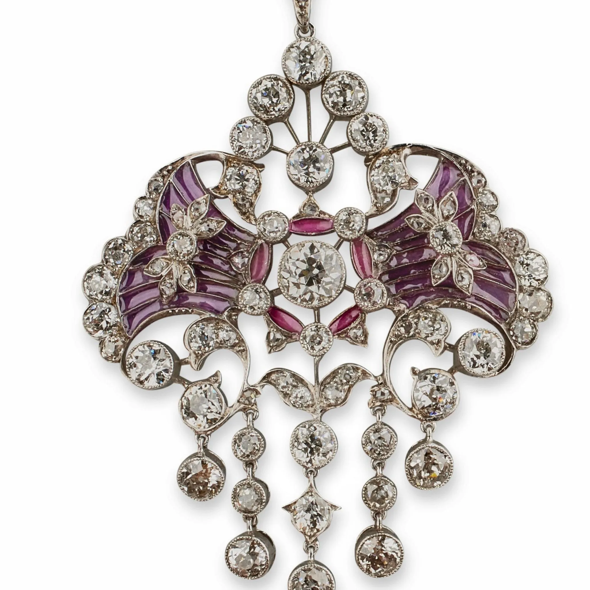 Edwardian Platinum Diamond & Plique--jour Enamel Necklace