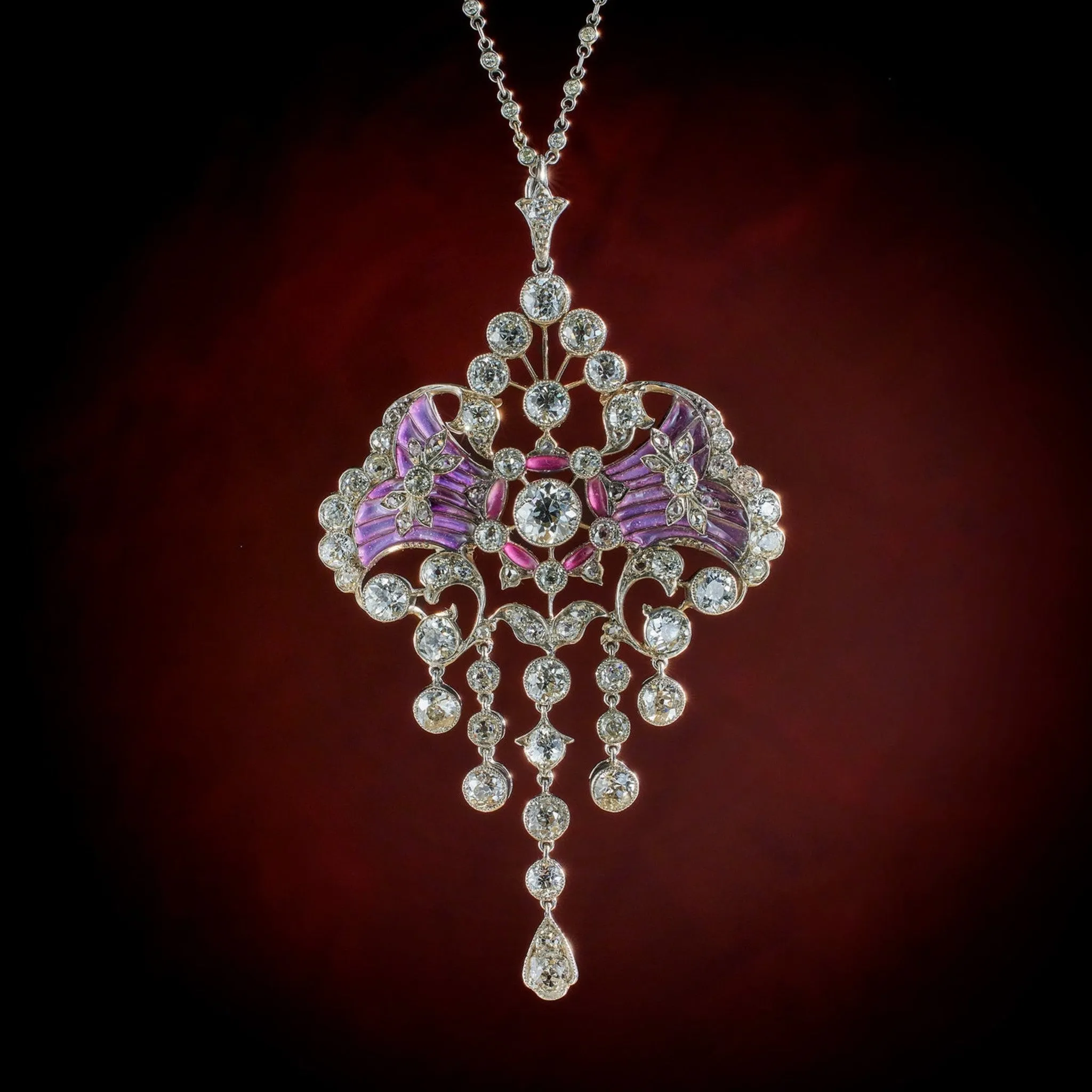 Edwardian Platinum Diamond & Plique--jour Enamel Necklace