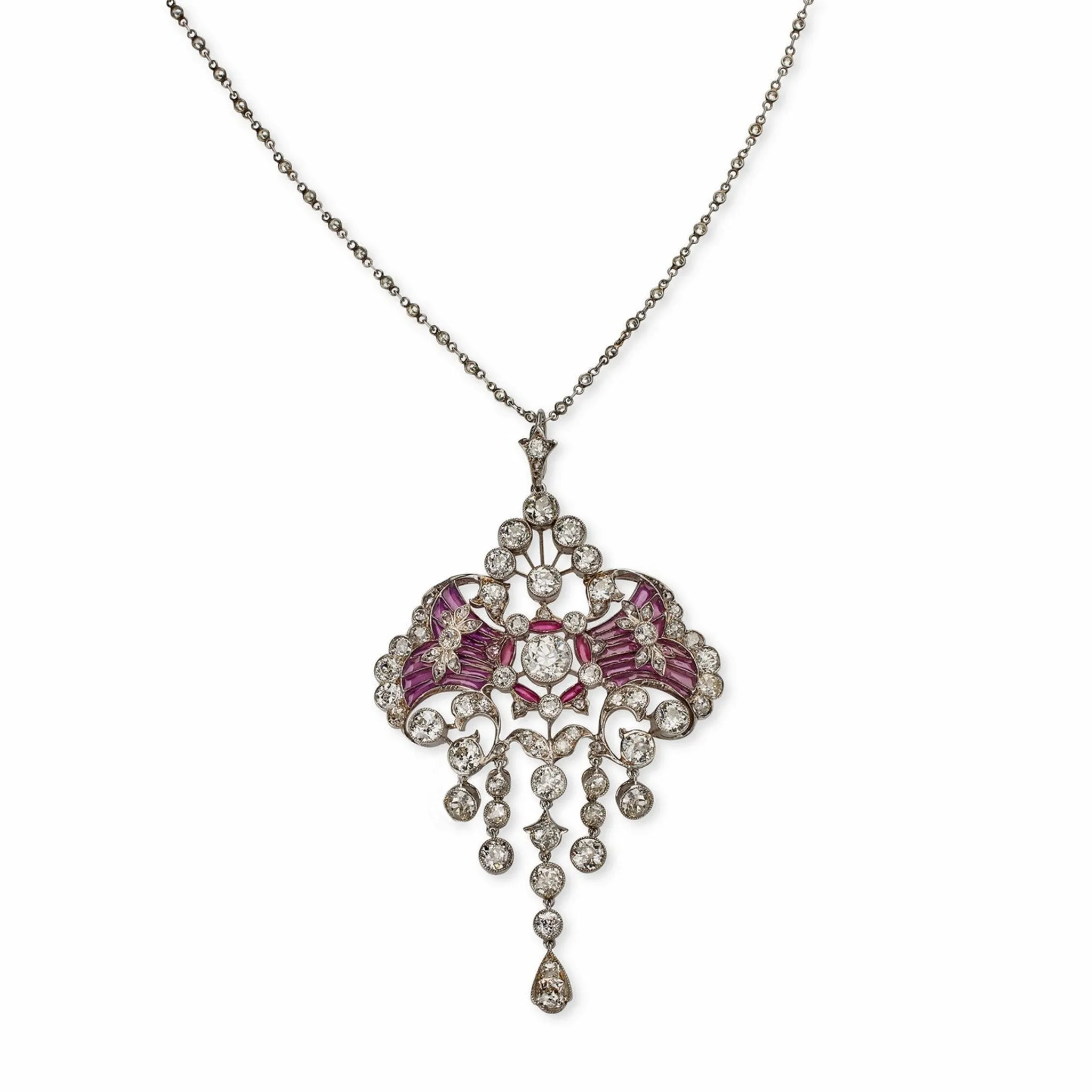 Edwardian Platinum Diamond & Plique--jour Enamel Necklace