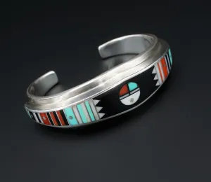 Ernest Benally Sunface Mosaic Inlay Sterling Silver Cuff Bracelet 6" BS2724