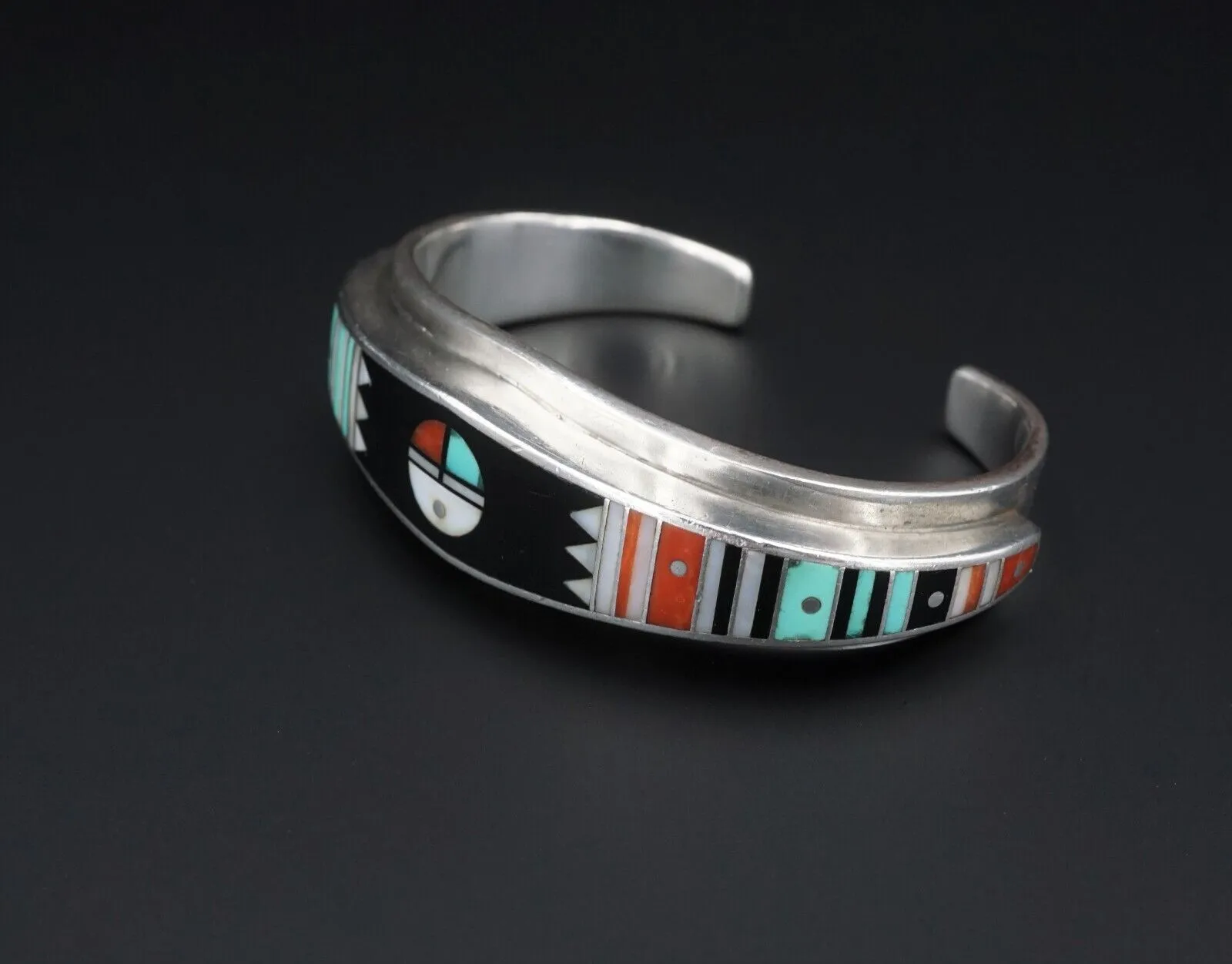 Ernest Benally Sunface Mosaic Inlay Sterling Silver Cuff Bracelet 6" BS2724