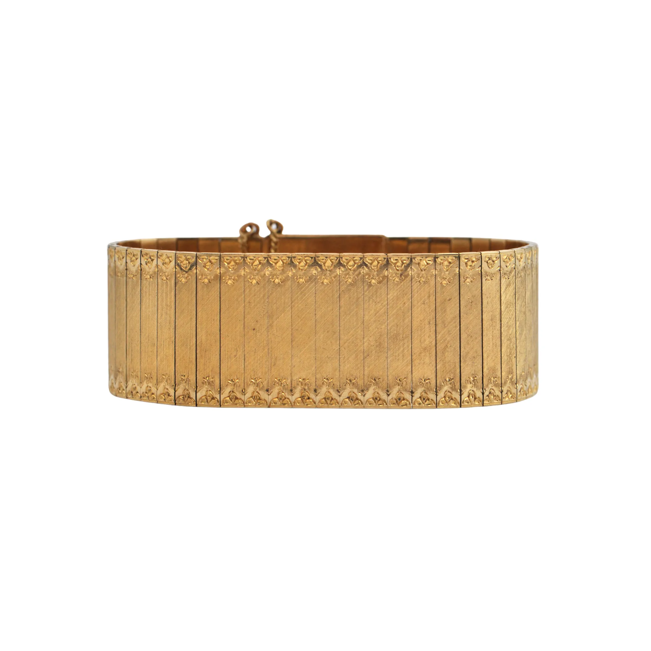 Estate Vintage Italian Wide Cuff Textured and Engraved 18k Gold Buckle Bracelet