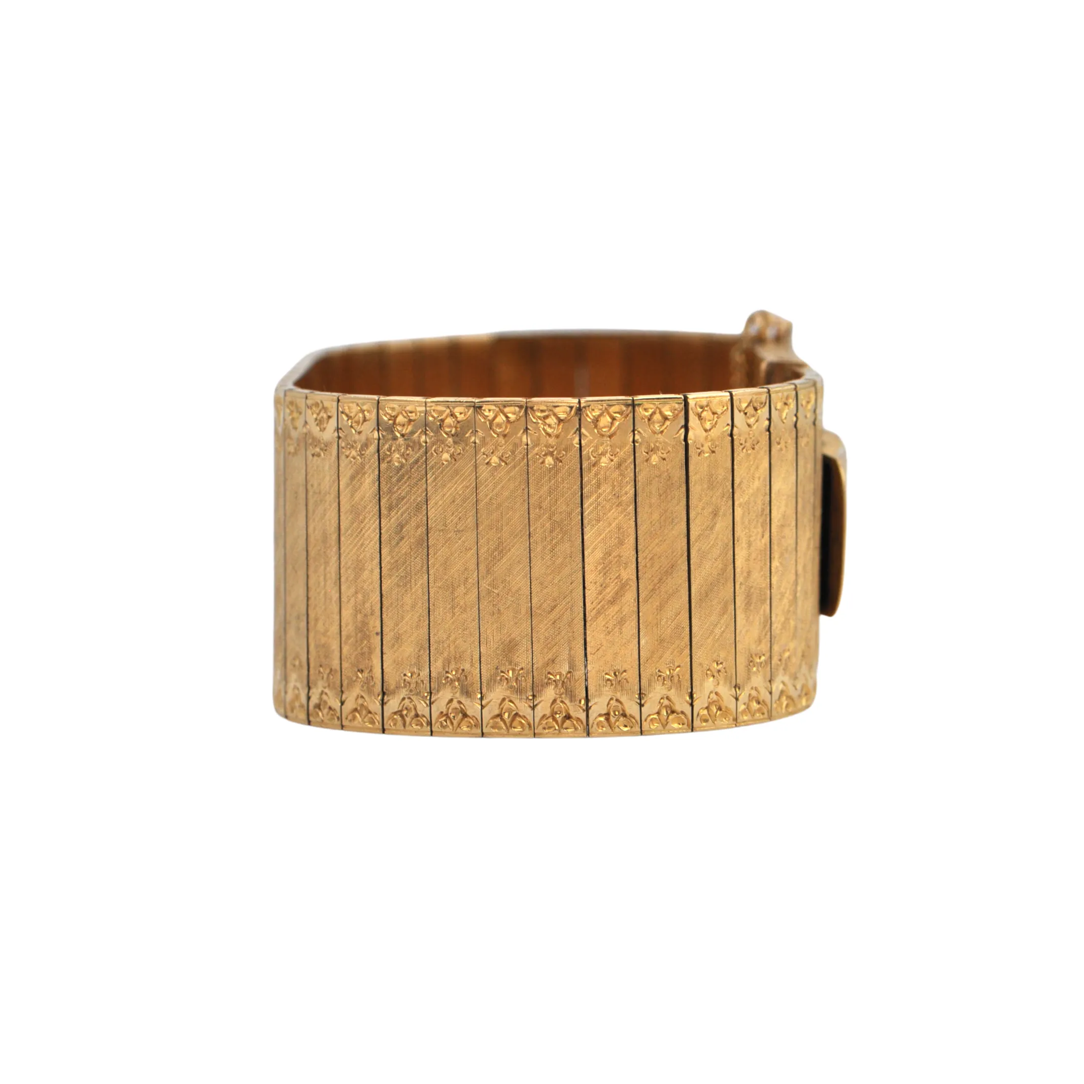 Estate Vintage Italian Wide Cuff Textured and Engraved 18k Gold Buckle Bracelet