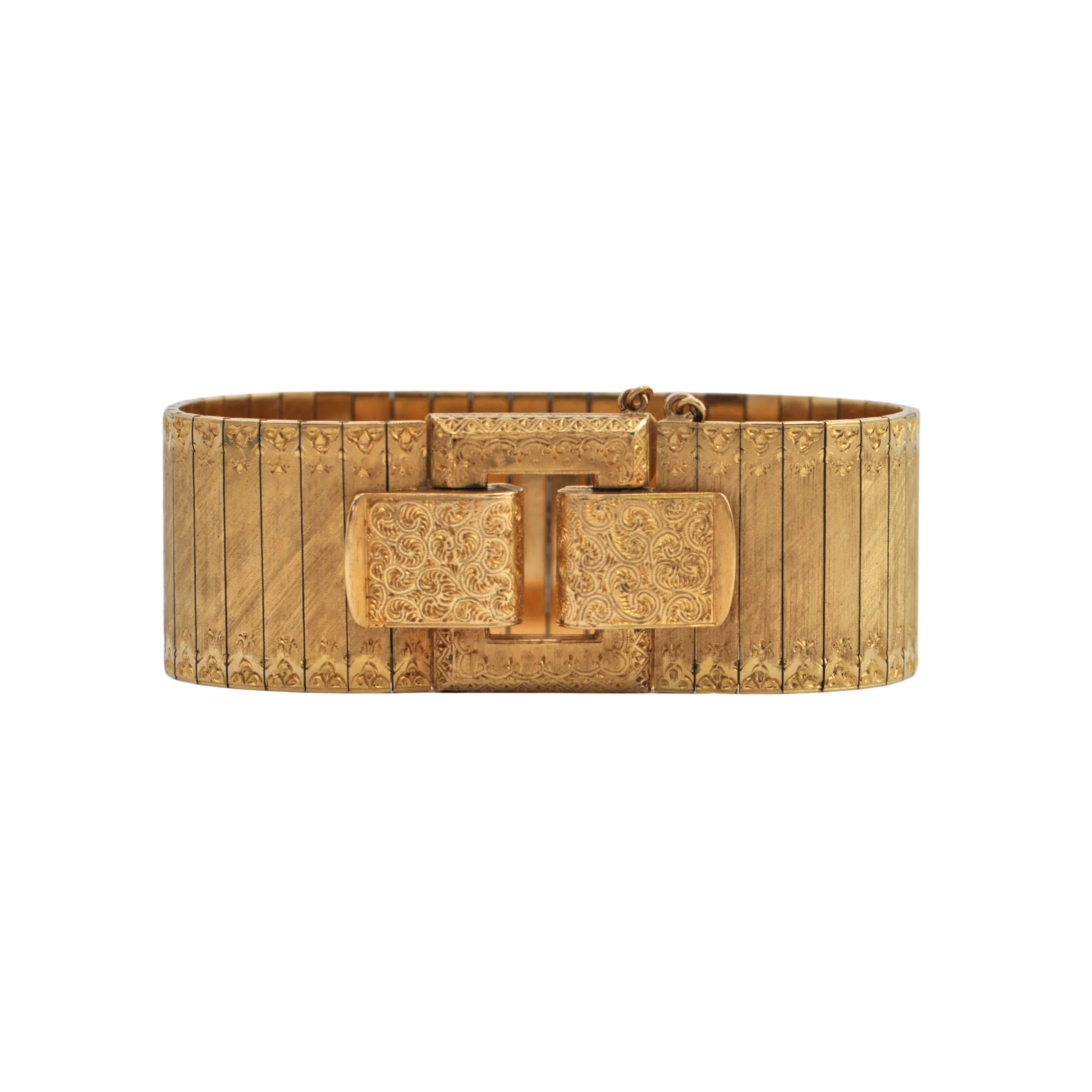 Estate Vintage Italian Wide Cuff Textured and Engraved 18k Gold Buckle Bracelet