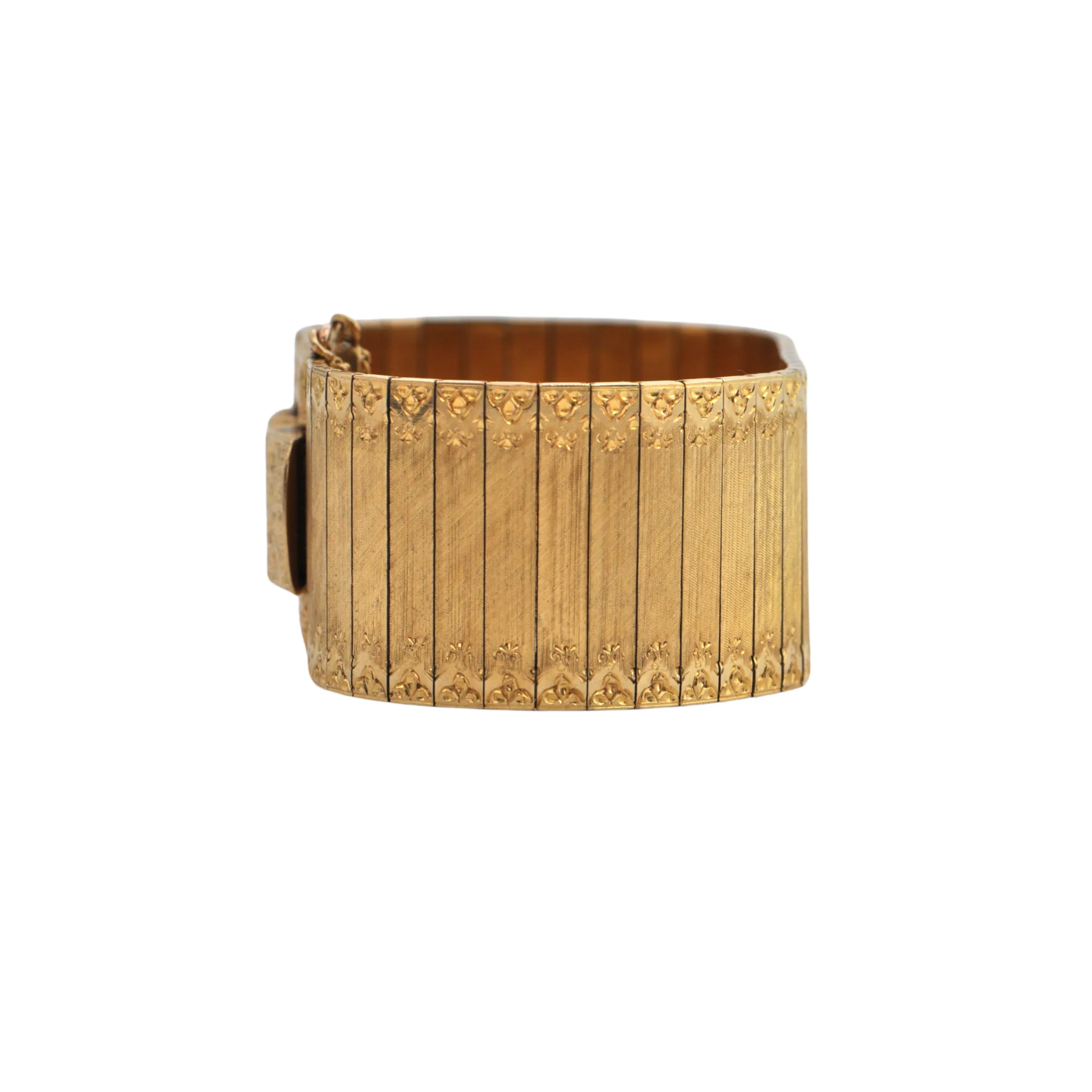 Estate Vintage Italian Wide Cuff Textured and Engraved 18k Gold Buckle Bracelet