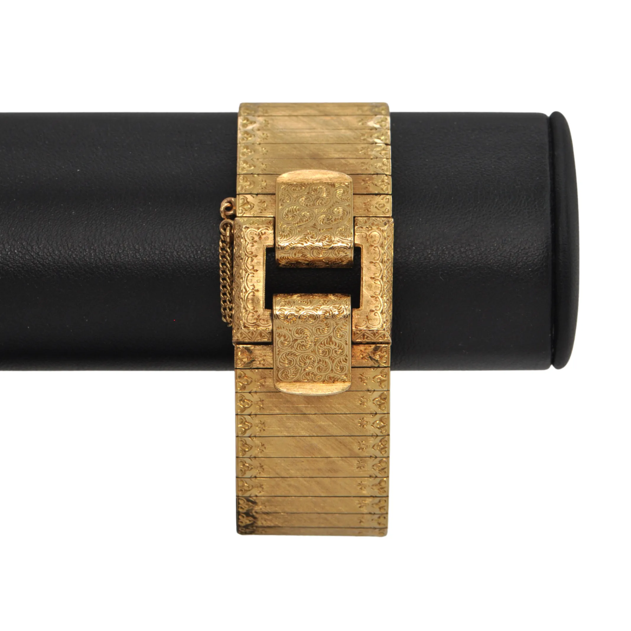 Estate Vintage Italian Wide Cuff Textured and Engraved 18k Gold Buckle Bracelet