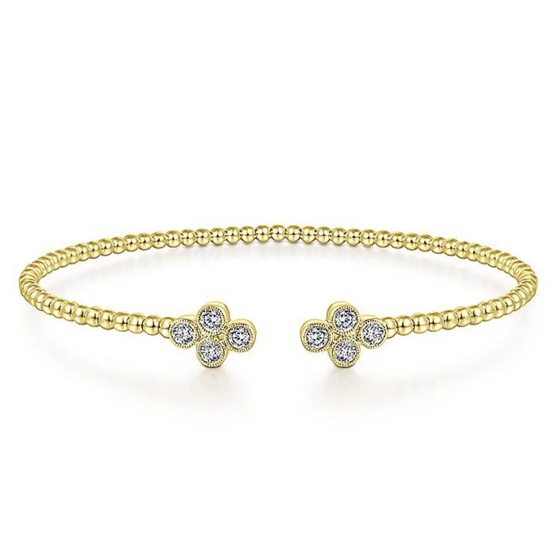 Gabriel & Co-14 K Yellow Gold Bujukan Split Cuff Bracelet with Quatrefoil Diamond Endcaps
