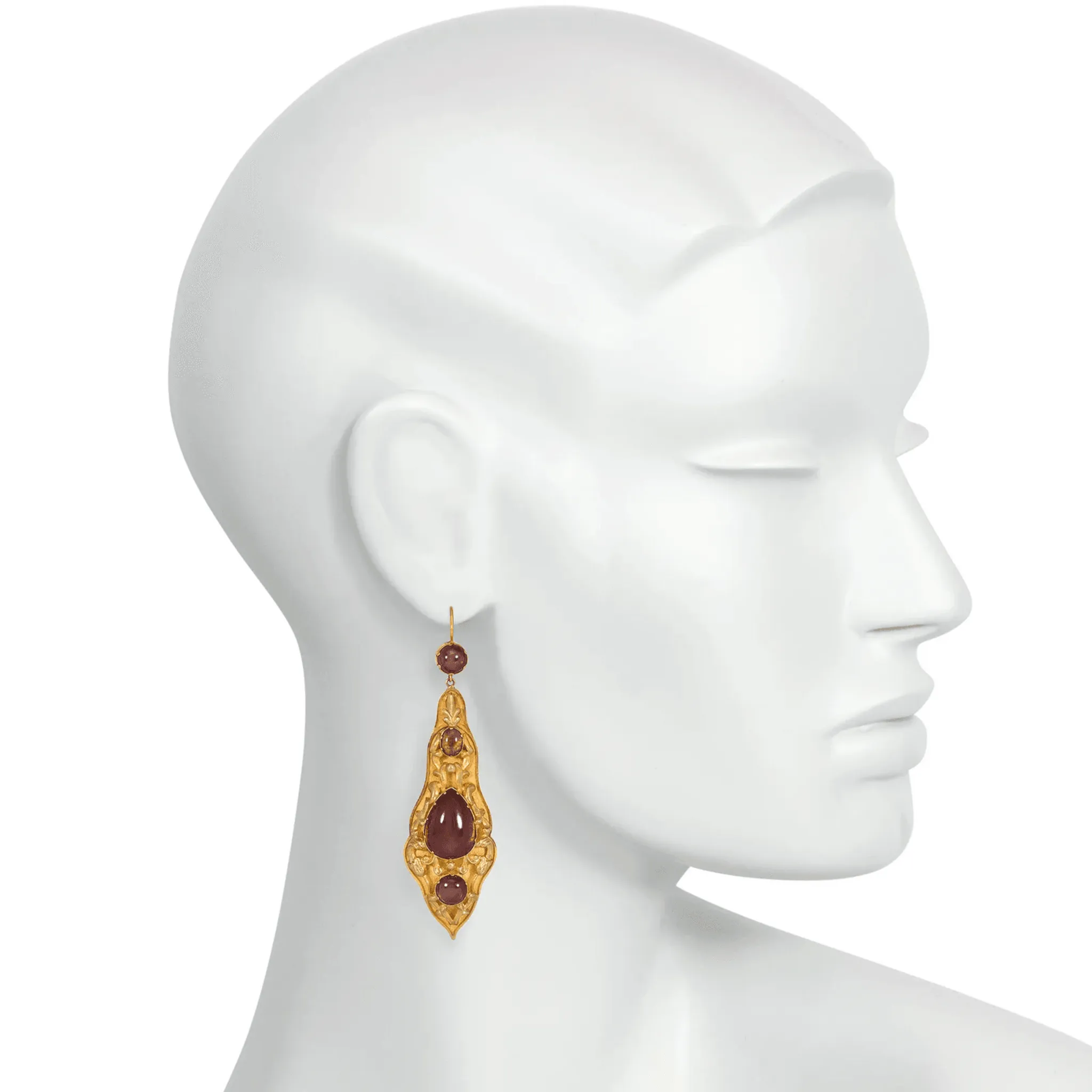 Georgian 18KT Yellow Gold Garnet Repouss Pendant Earrings