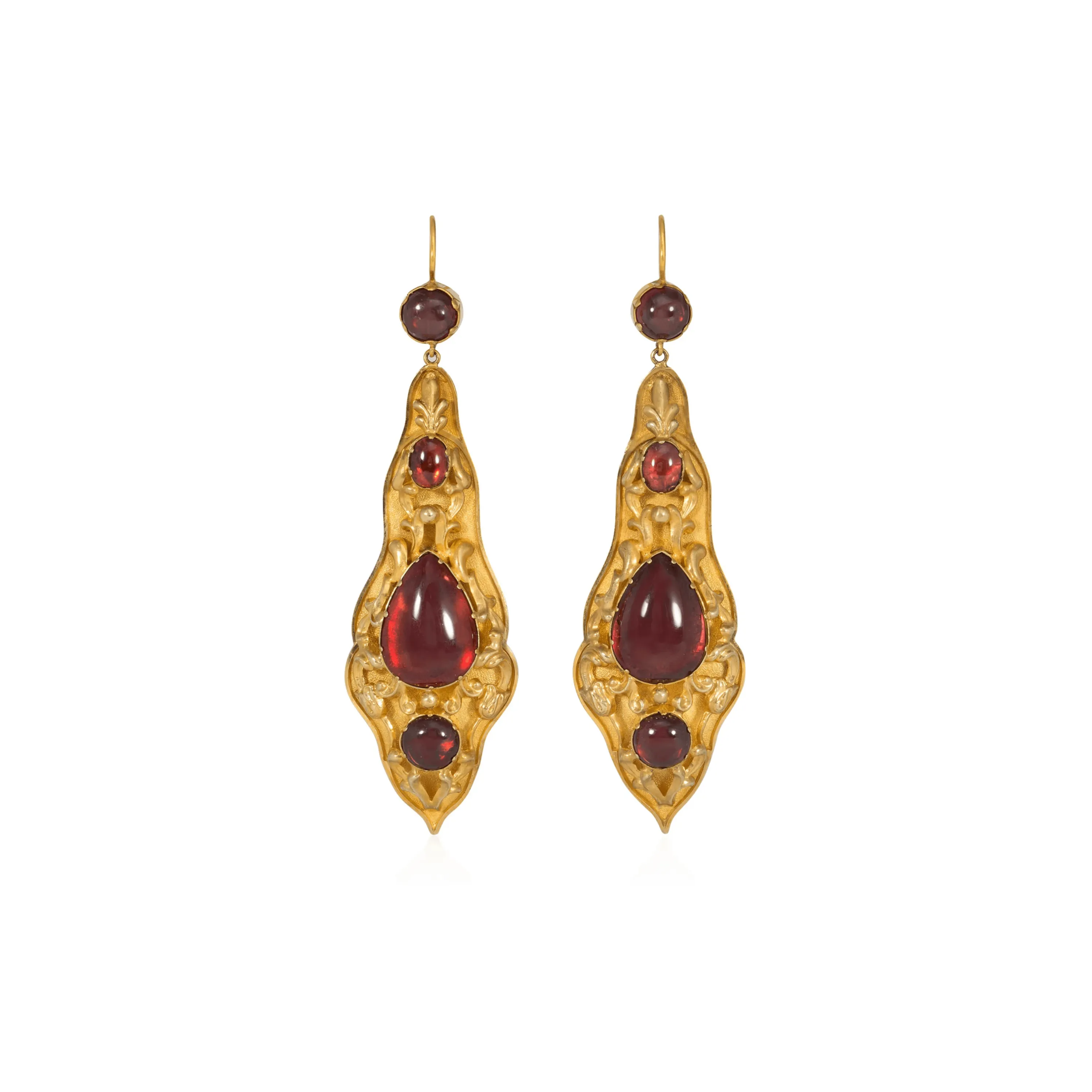 Georgian 18KT Yellow Gold Garnet Repouss Pendant Earrings
