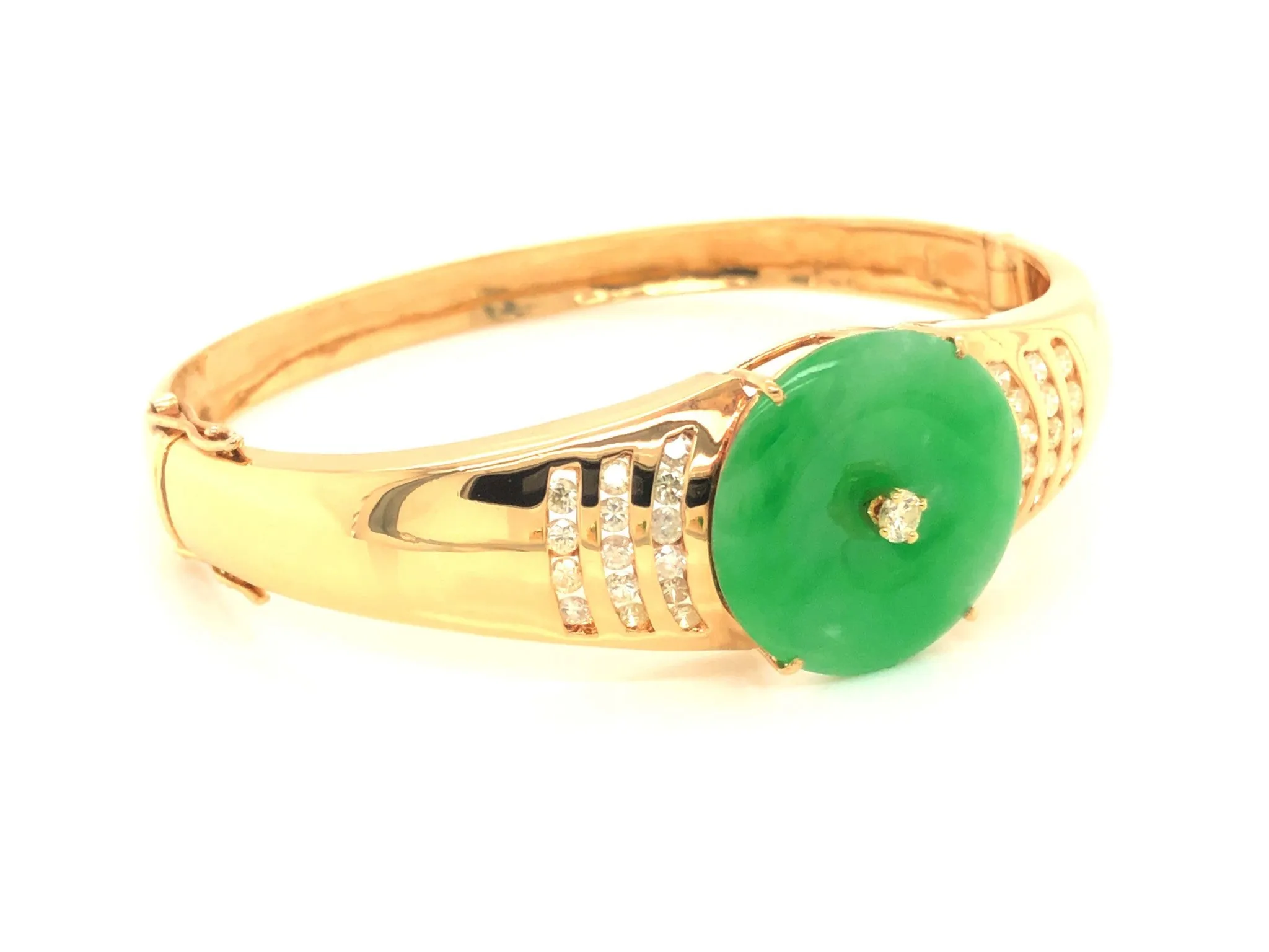 Green Jadeite Jade and Diamond Hinged Bangle Bracelet in 18k Yellow Gold