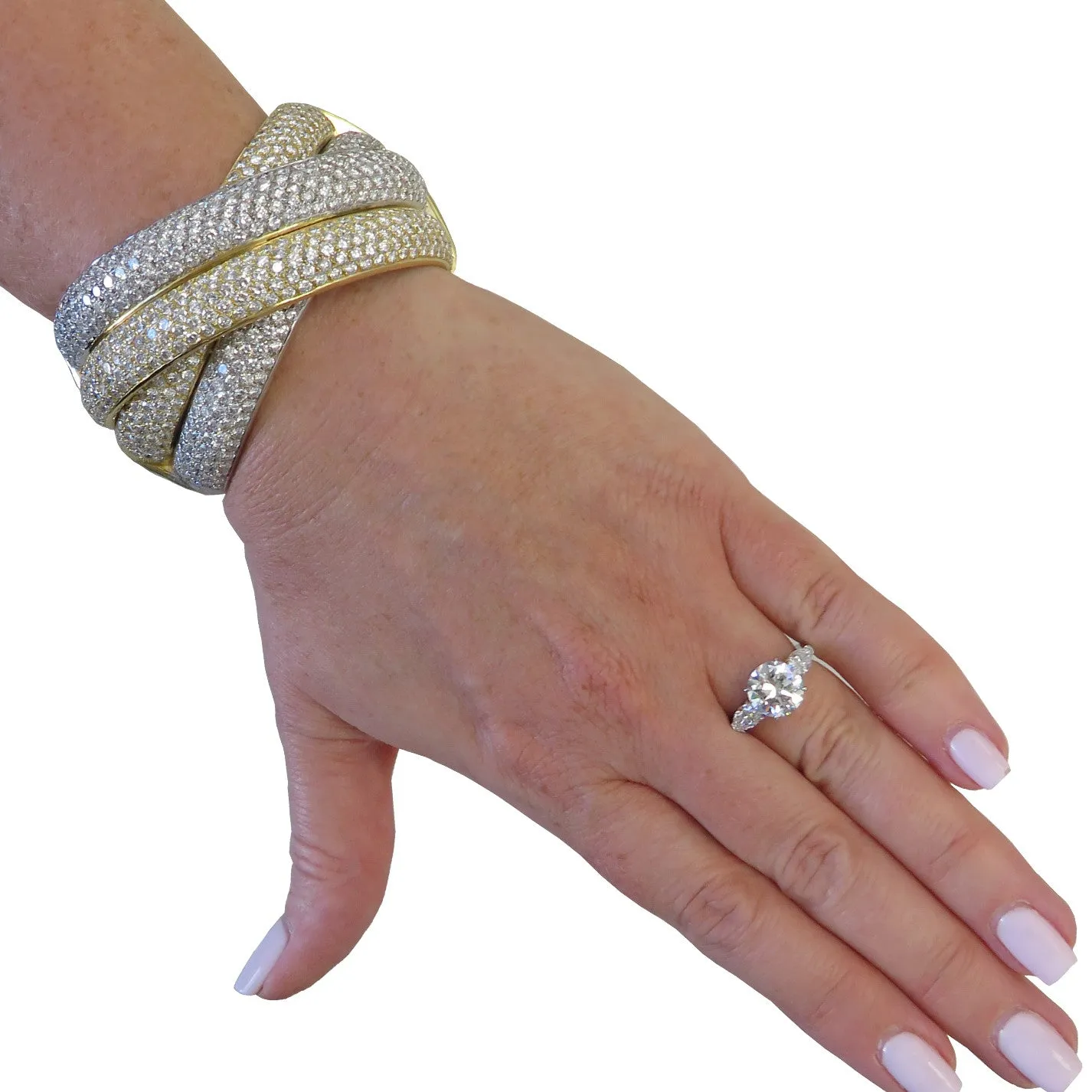 Italian Post-1980s 18KT Yellow & White Gold Diamond Bangle Bracelet