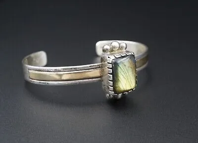Navajo Alvin A Monte Sterling Silver 14k Labradorite Cuff Bracelet 6.5" BS2604