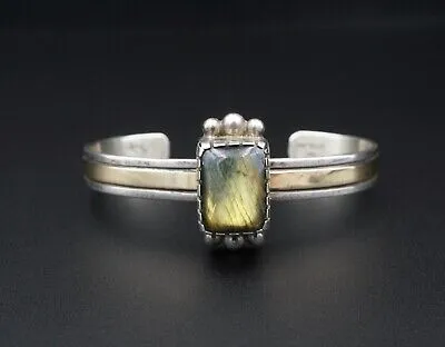 Navajo Alvin A Monte Sterling Silver 14k Labradorite Cuff Bracelet 6.5" BS2604