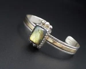 Navajo Alvin A Monte Sterling Silver 14k Labradorite Cuff Bracelet 6.5" BS2604